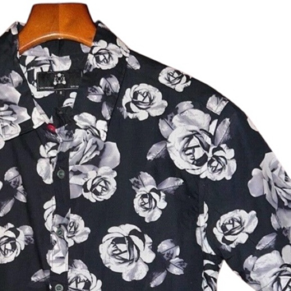 ZAK LOS ANGELES SHIRT BLACK GRAY PURPLE WHITE FLORAL S/S SIZE SMALL SLIM